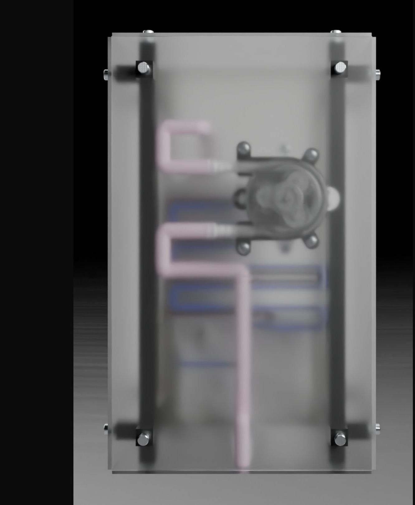 Dispenso — frosted acrylic body with visible pump and tubing